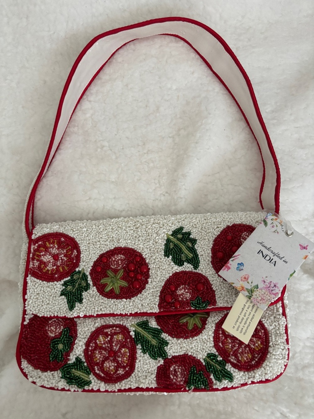 Handcrafted White and Red Beaded Shoulder Bag with Trending Tomatoes Motif